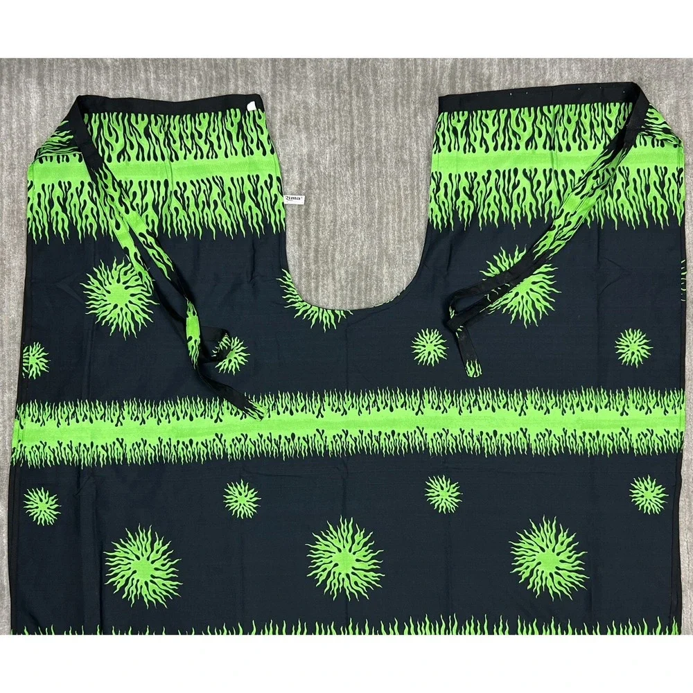 Rima Kaftan Cover Up Women OS Green Black Sunburst Flame Graphic Side Tie Poncho